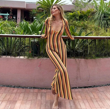 Knit Striped Long Sleeve Maxi Dress