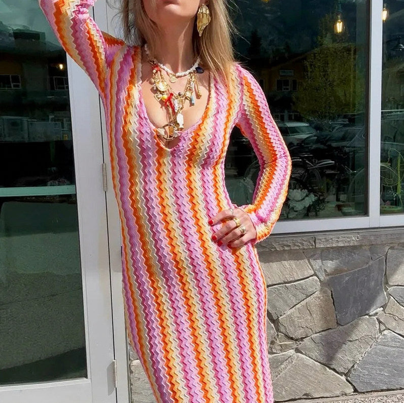 Knit Striped Long Sleeve Maxi Dress