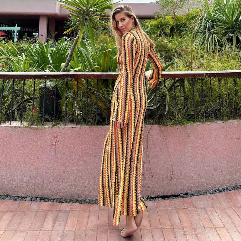 Knit Striped Long Sleeve Maxi Dress