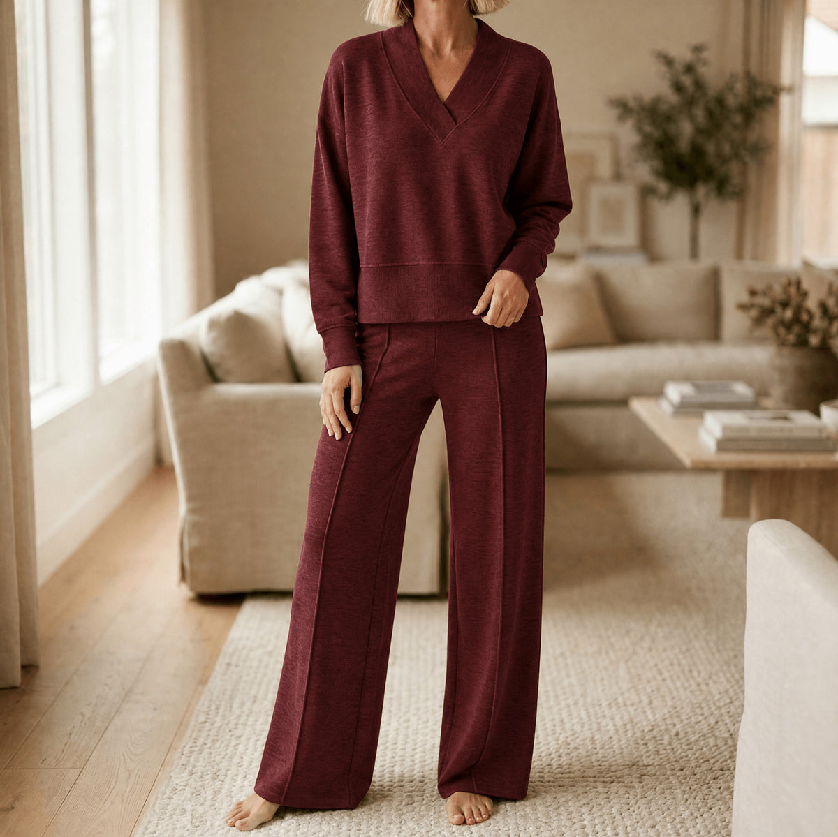 Knit V Neck Long Sleeve Matching Set