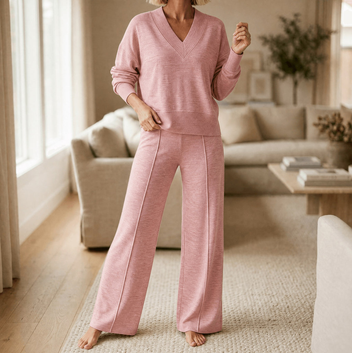 Knit V Neck Long Sleeve Matching Set