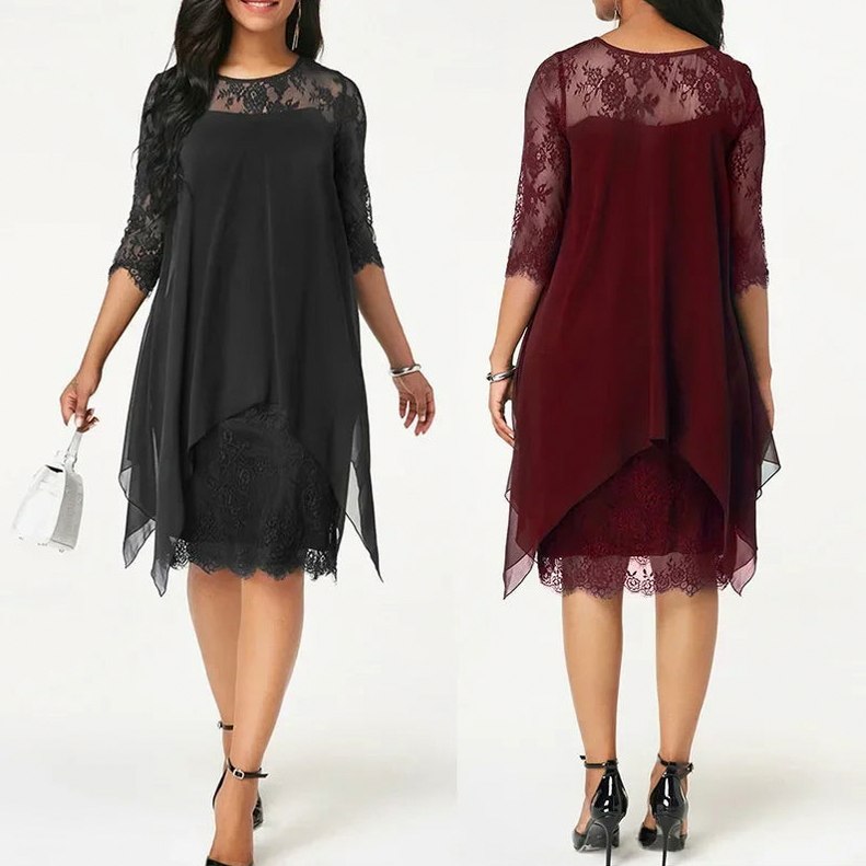 Lace Chiffon Overlay 3/4 Sleeve Midi Dress