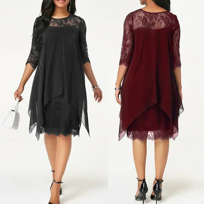 Lace Chiffon Overlay 3/4 Sleeve Midi Dress