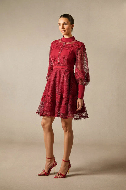 Lace High Neck Long Sleeve Mini Dress
