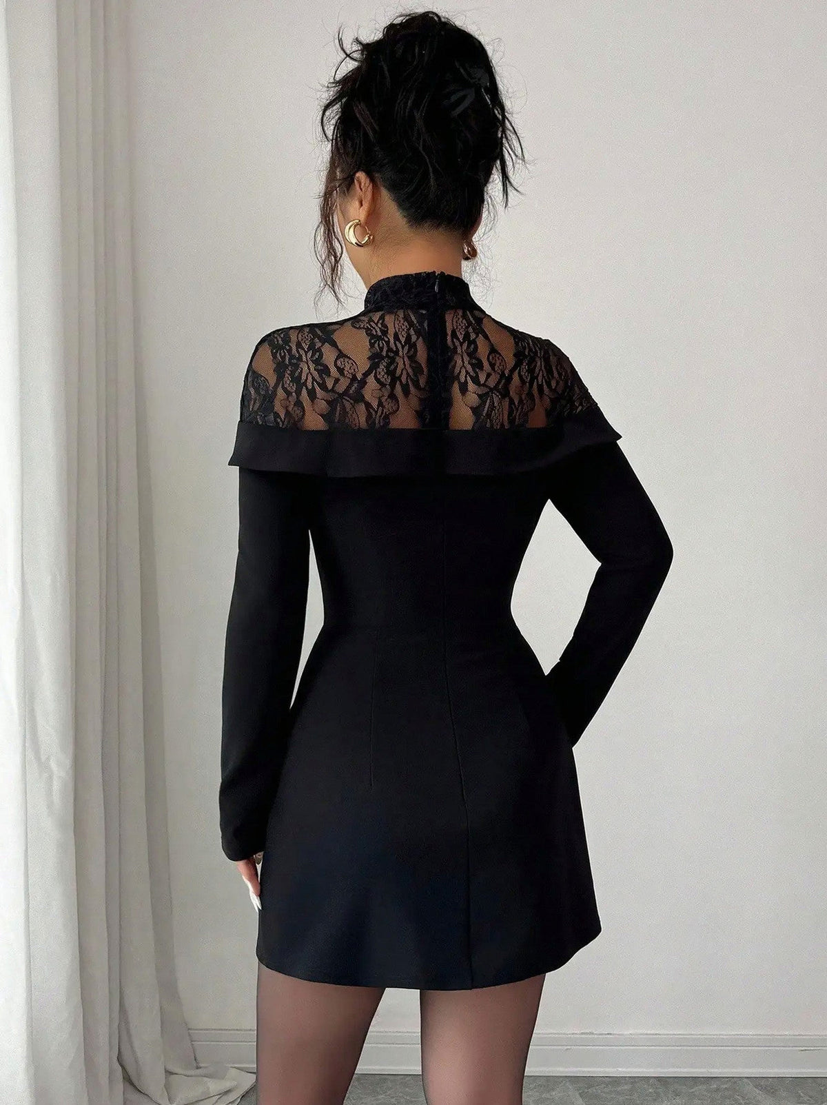 Lace Yoke Long Sleeve Mini Dress