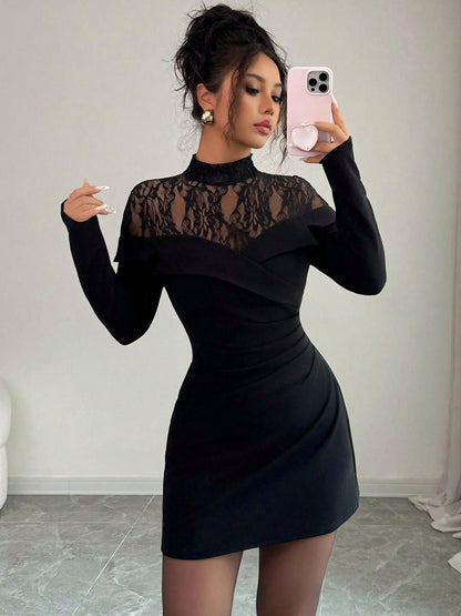 Lace Yoke Long Sleeve Mini Dress