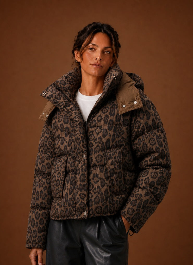 Leopard Print Hooded Puffer Jacket
