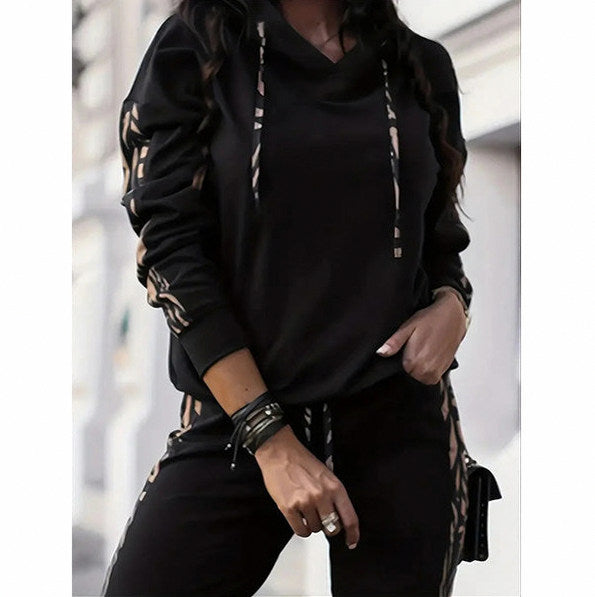 Animal Print Trim Hoodie Two Piece Set