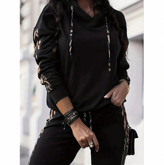 Animal Print Trim Hoodie Two Piece Set