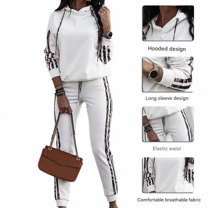 Animal Print Trim Hoodie Two Piece Set