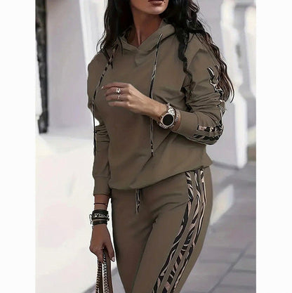 Animal Print Trim Hoodie Two Piece Set