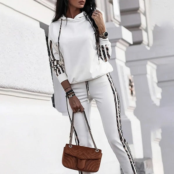 Animal Print Trim Hoodie Two Piece Set