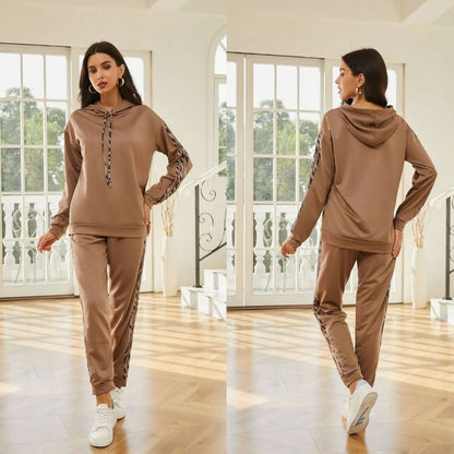 Animal Print Trim Hoodie Two Piece Set