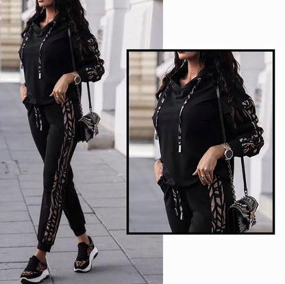 Animal Print Trim Hoodie Two Piece Set
