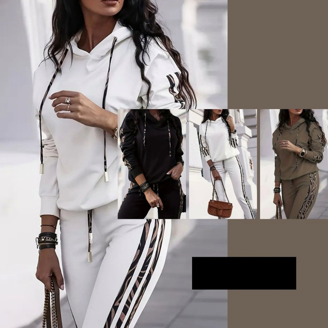 Animal Print Trim Hoodie Two Piece Set