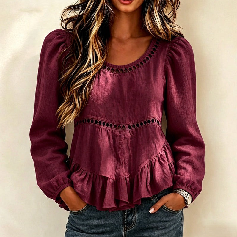 Long Sleeve Cutout Ruffle Blouse