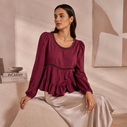 Long Sleeve Cutout Ruffle Blouse