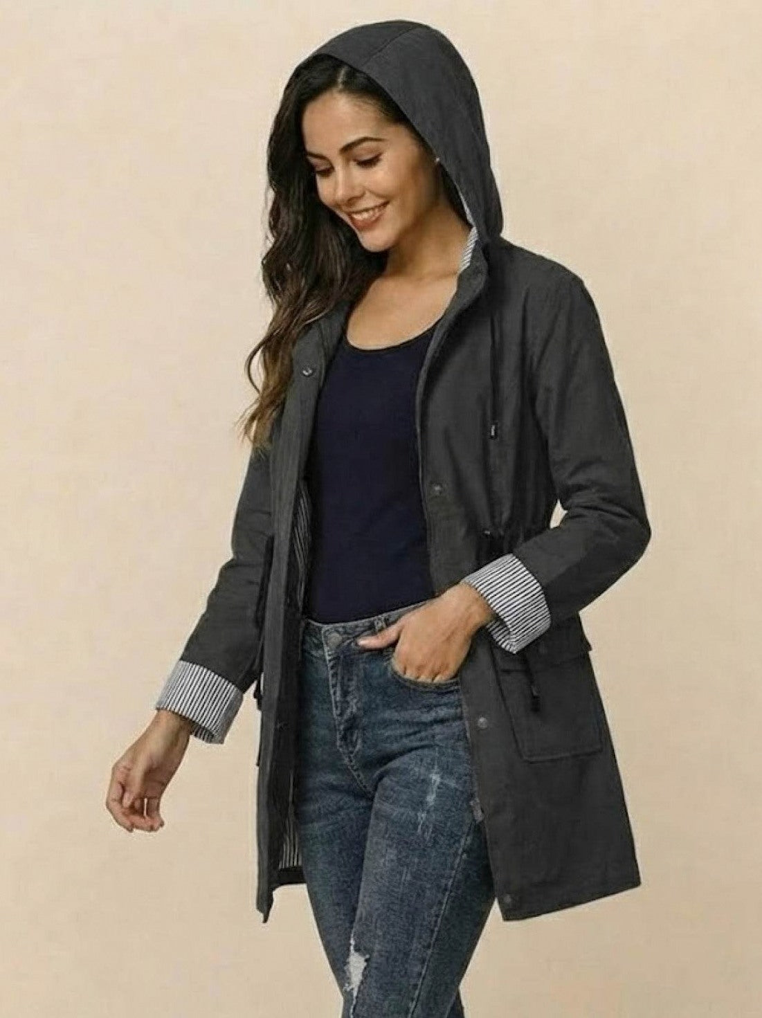 Long Sleeve Hooded Snap Button Jacket