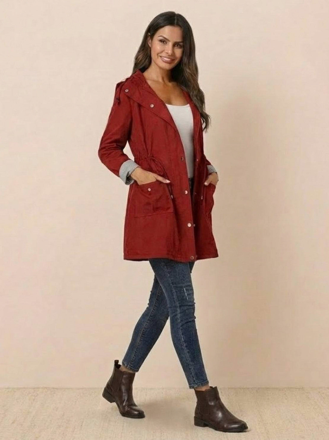 Long Sleeve Hooded Snap Button Jacket
