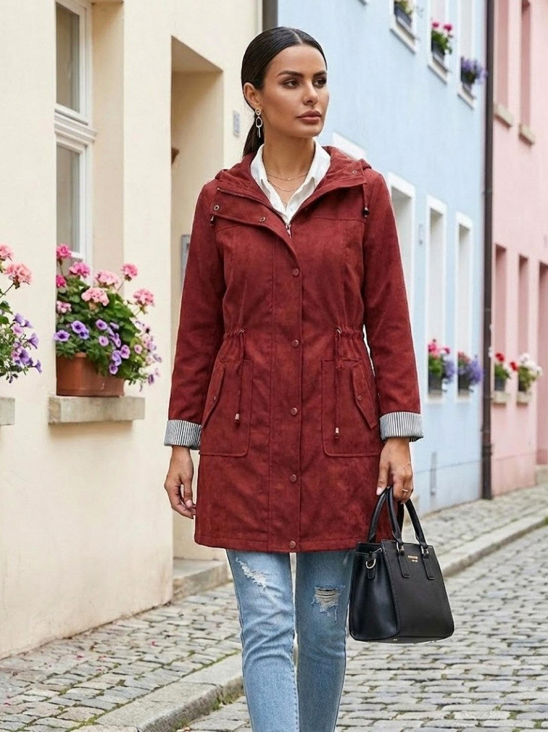 Long Sleeve Hooded Snap Button Jacket
