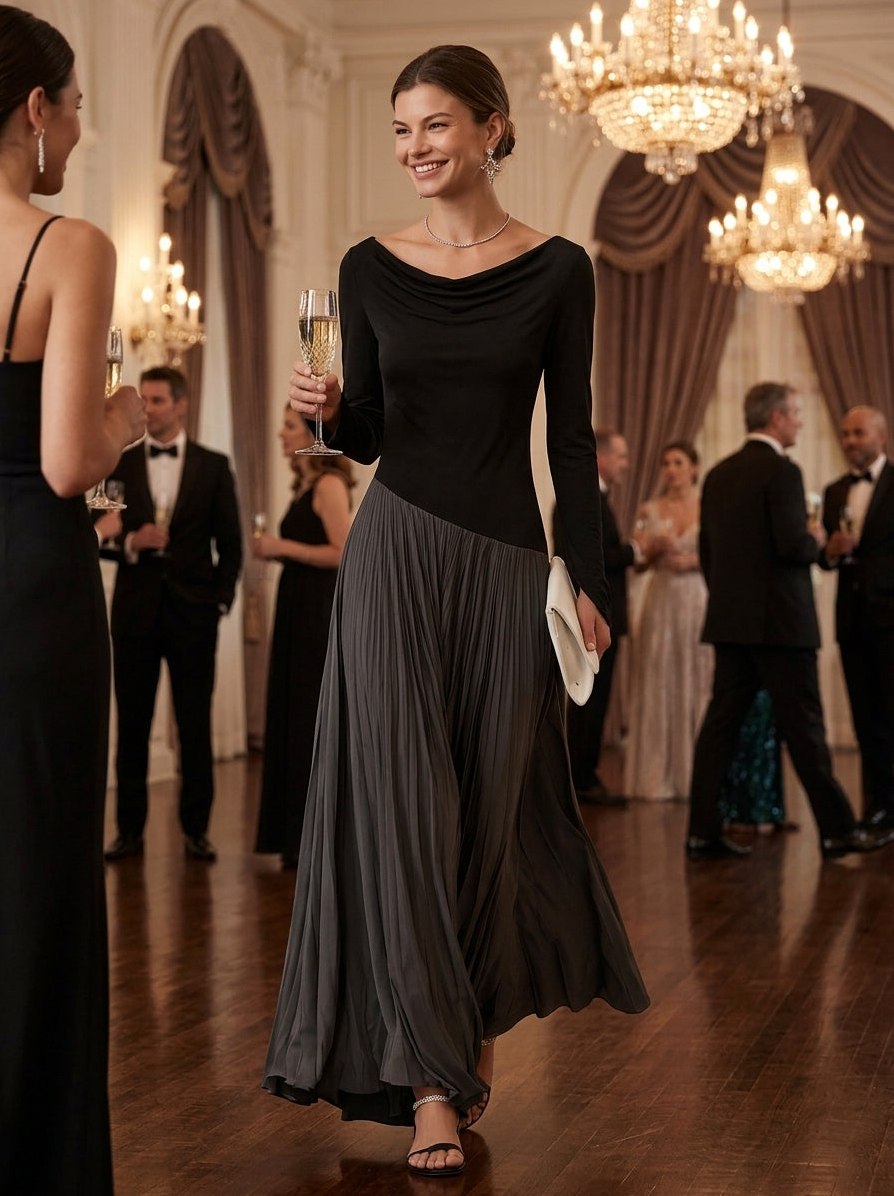 Long Sleeve Pleated Maxi Dress
