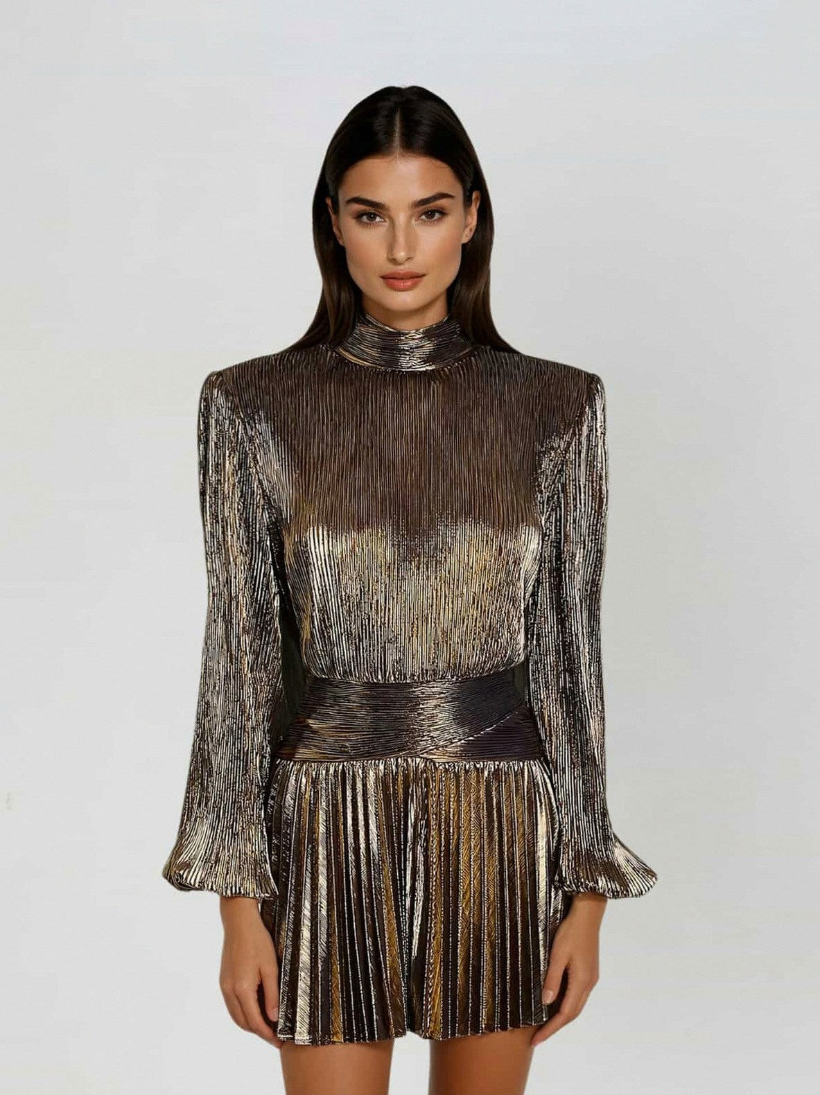 Long Sleeve Pleated Mock Neck Mini Dress