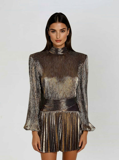 Long Sleeve Pleated Mock Neck Mini Dress