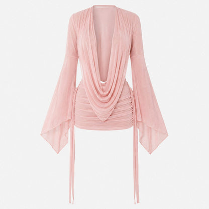 Mesh Bell Long Sleeve Mini Dress