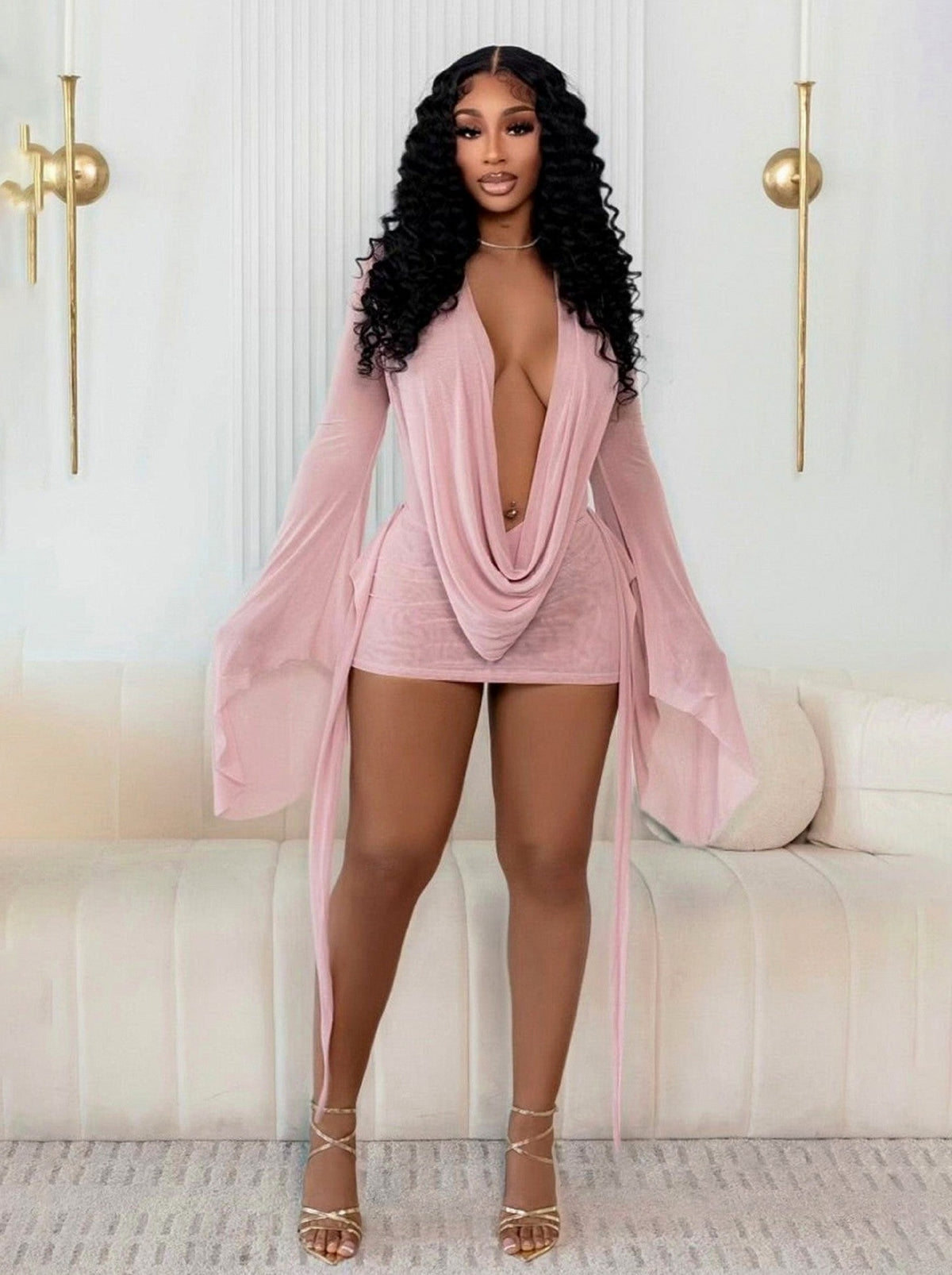 Mesh Bell Long Sleeve Mini Dress