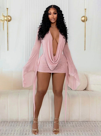 Mesh Bell Long Sleeve Mini Dress