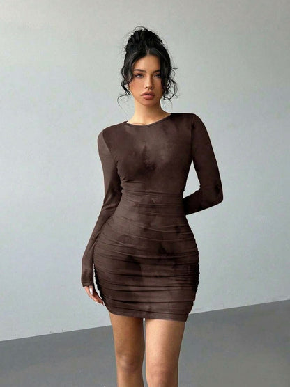 Mesh Ruched Long Sleeve Mini Dress