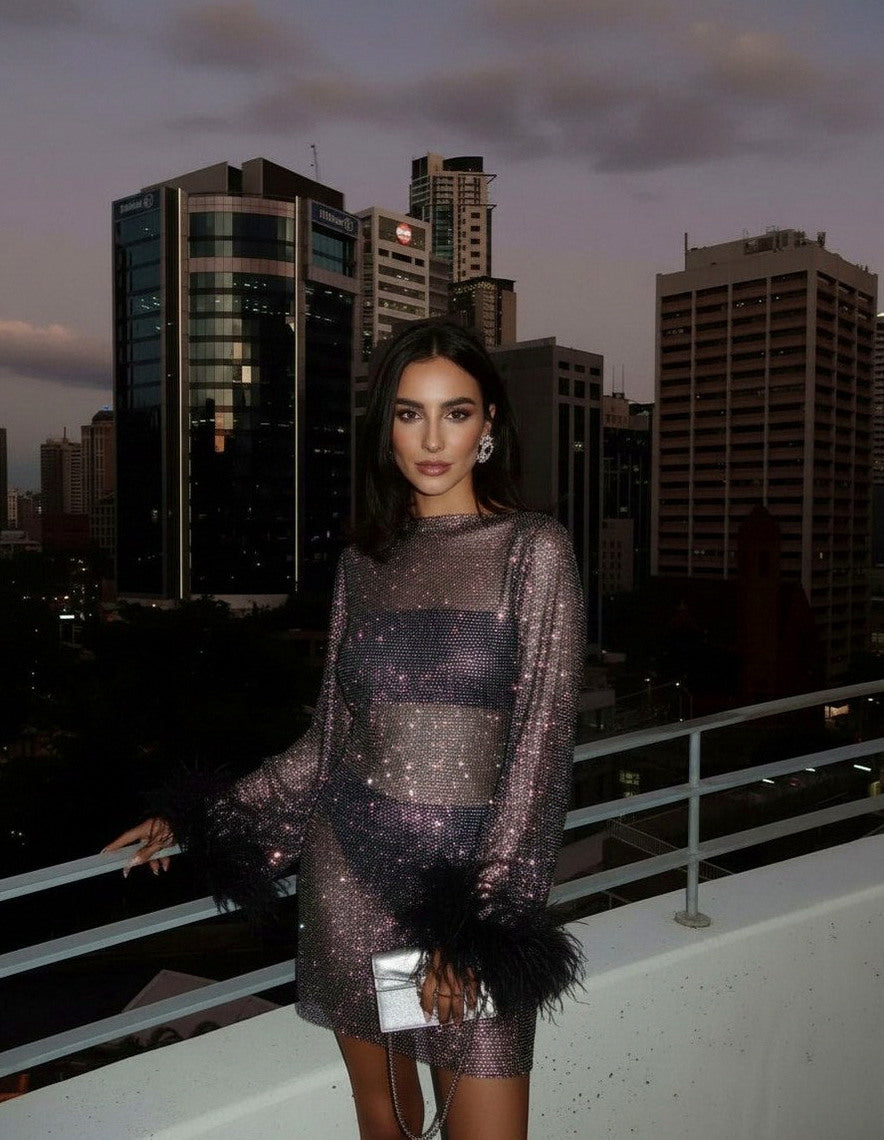 Mesh Sequin Long Sleeve Feather Cuff Mini Dress