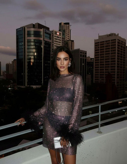 Mesh Sequin Long Sleeve Feather Cuff Mini Dress
