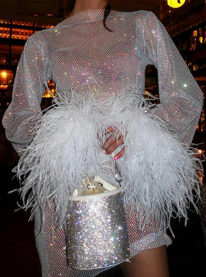 Mesh Sequin Long Sleeve Feather Cuff Mini Dress