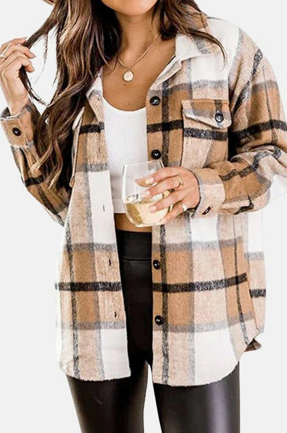 Plaid Button Front Long Sleeve Shacket