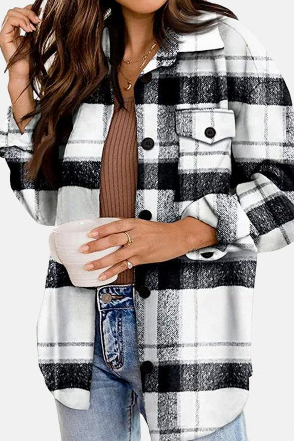 Plaid Button Front Long Sleeve Shacket