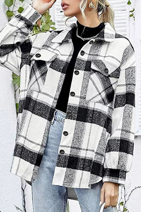 Plaid Button Front Long Sleeve Shacket