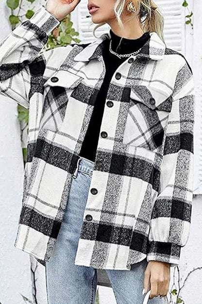 Plaid Button Front Long Sleeve Shacket