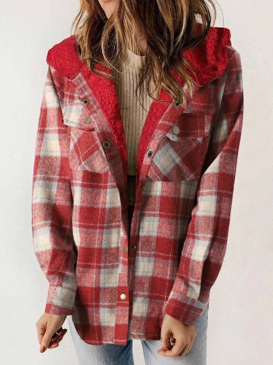 Plaid Sherpa Lined Hooded Shacket
