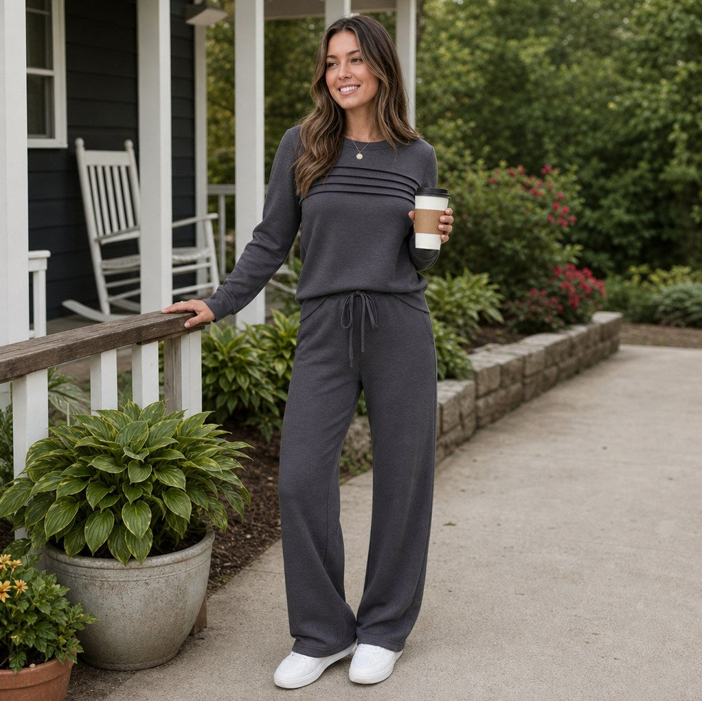 Pleated Long Sleeve Two Piece Set