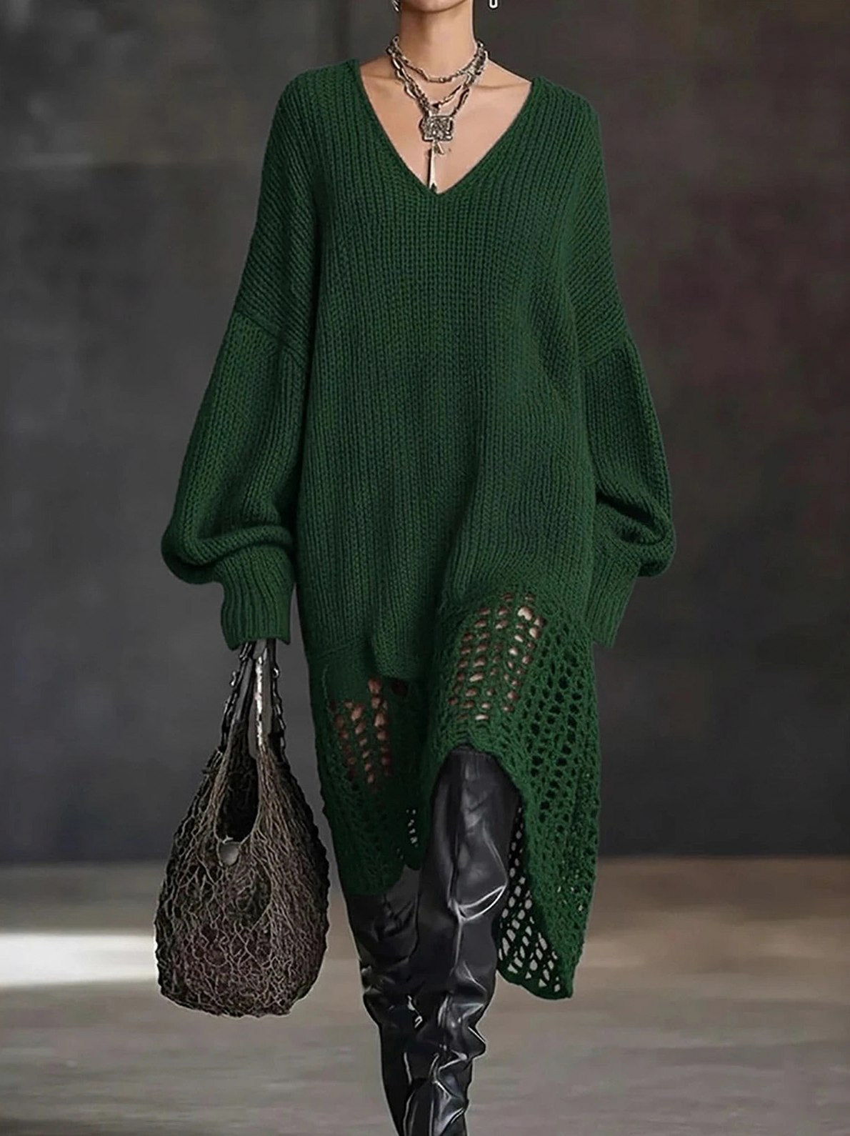 Ribbed Knit Balloon Sleeve Sweater Dress