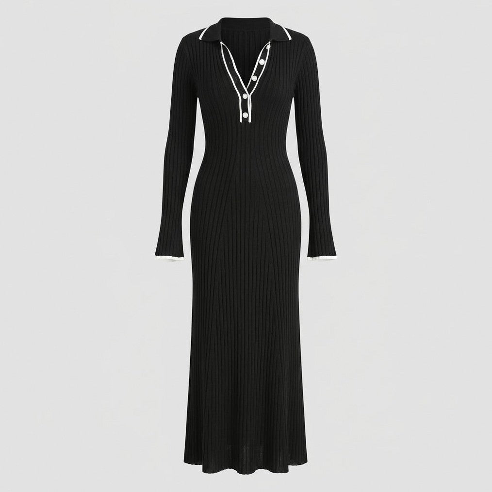 Ribbed Knit Collared Long Sleeve Maxi Dress