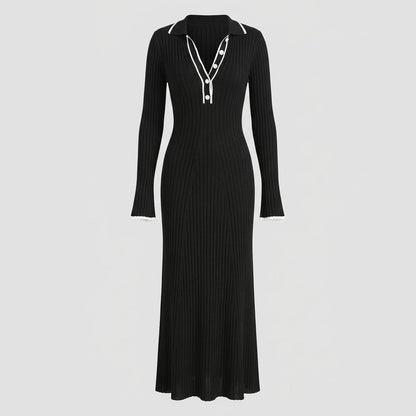Ribbed Knit Collared Long Sleeve Maxi Dress