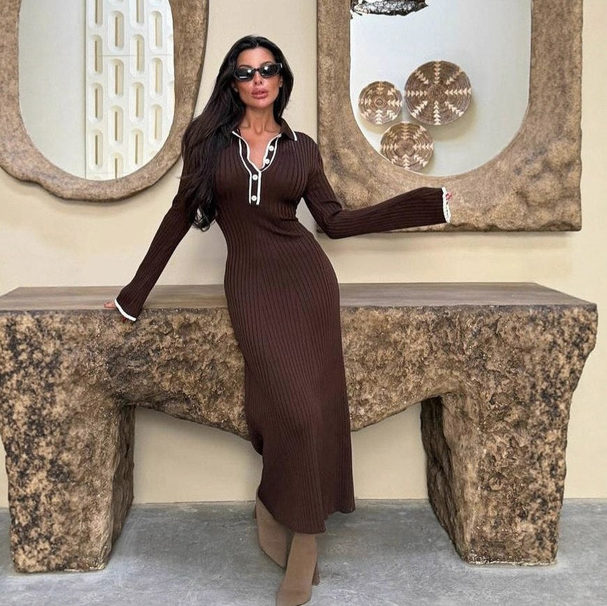 Ribbed Knit Collared Long Sleeve Maxi Dress