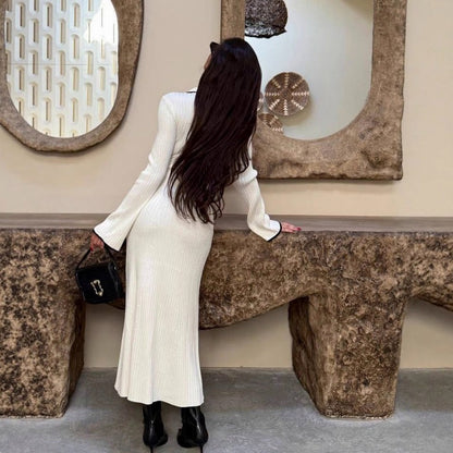 Ribbed Knit Collared Long Sleeve Maxi Dress