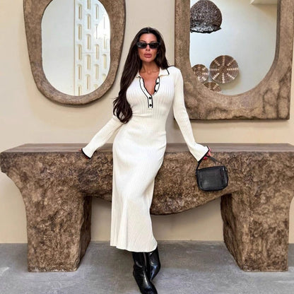 Ribbed Knit Collared Long Sleeve Maxi Dress