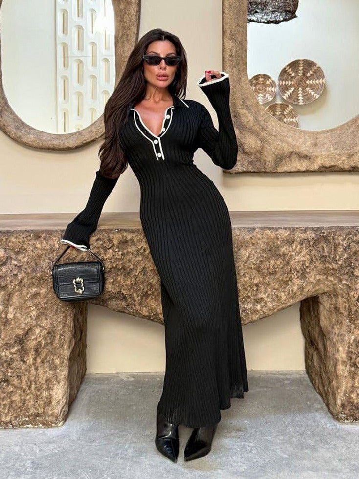 Ribbed Knit Collared Long Sleeve Maxi Dress