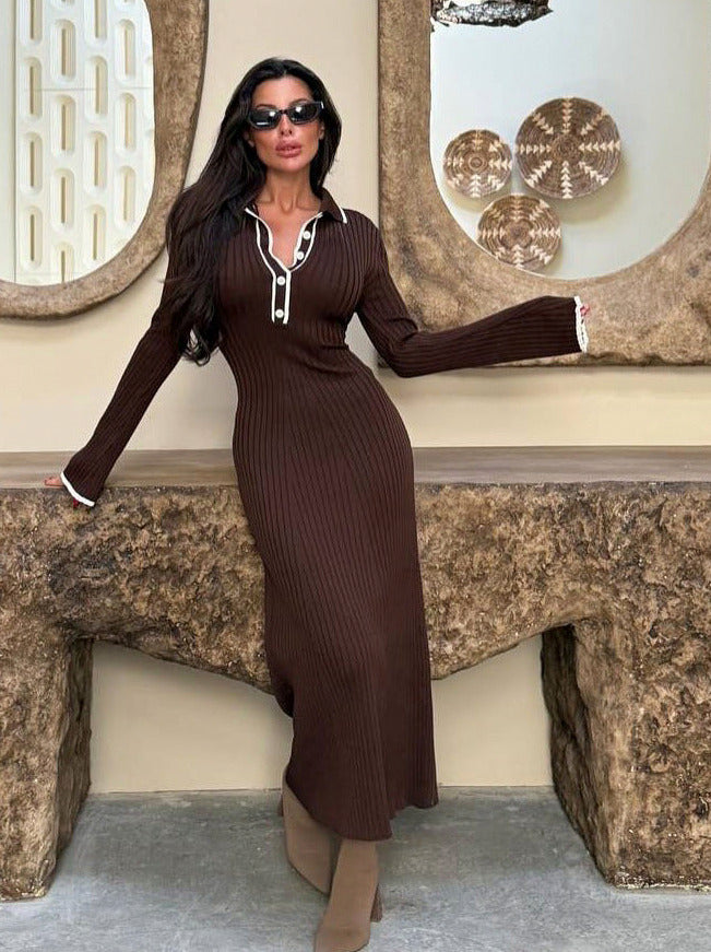Ribbed Knit Collared Long Sleeve Maxi Dress