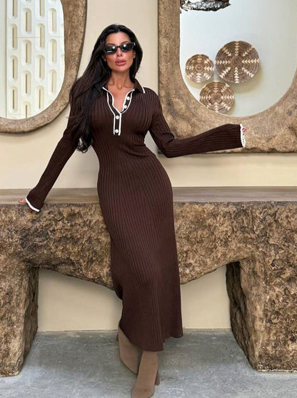 Ribbed Knit Collared Long Sleeve Maxi Dress