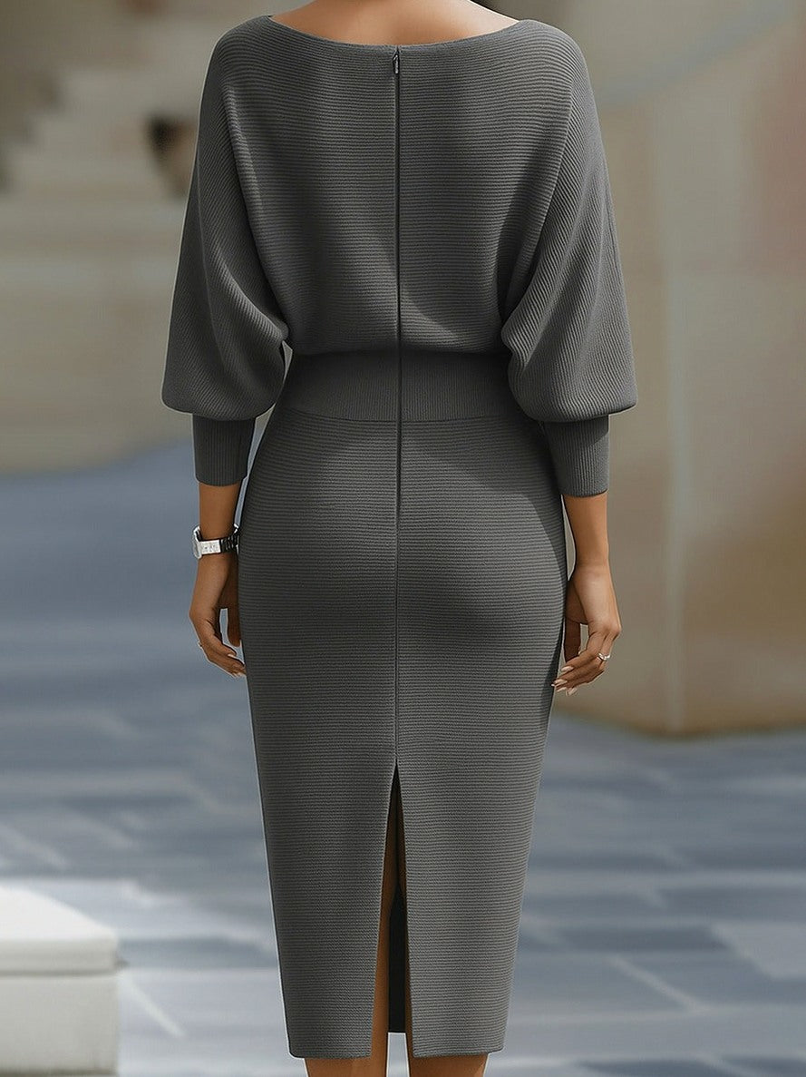 Ribbed Knit Cowl Neck Midi Dress